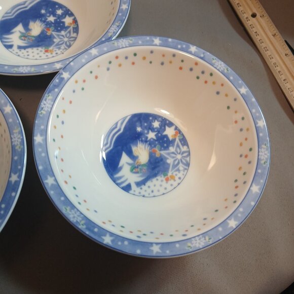Noritake EPOCH Mr Snowman 3 Soup Cereal Bowls Vintage Stoneware Christmas Blue - Picture 4 of 8